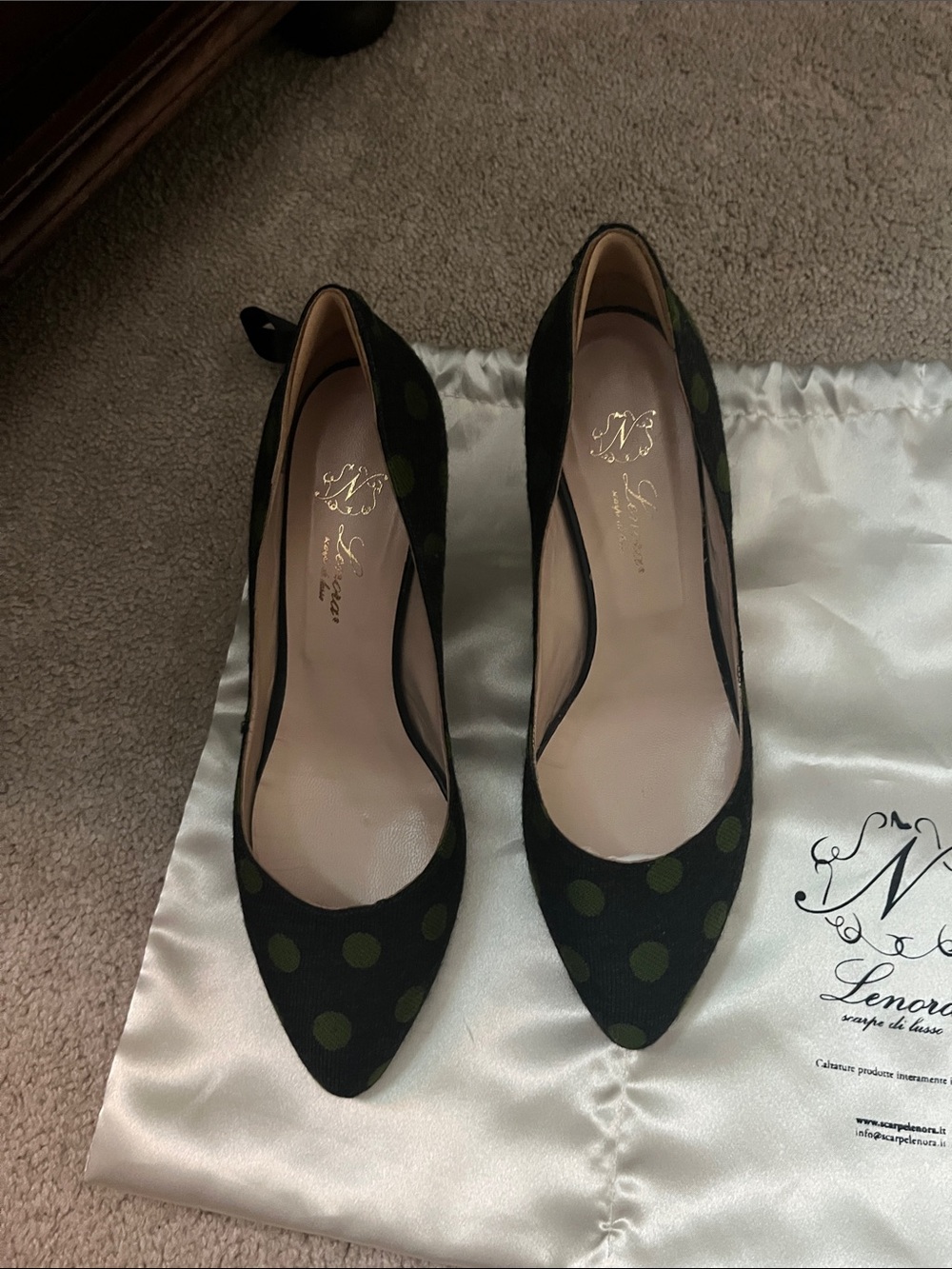 Black Lenora Dotted 3 Inch Pointed Toe Pumps with Olive Polka Dots